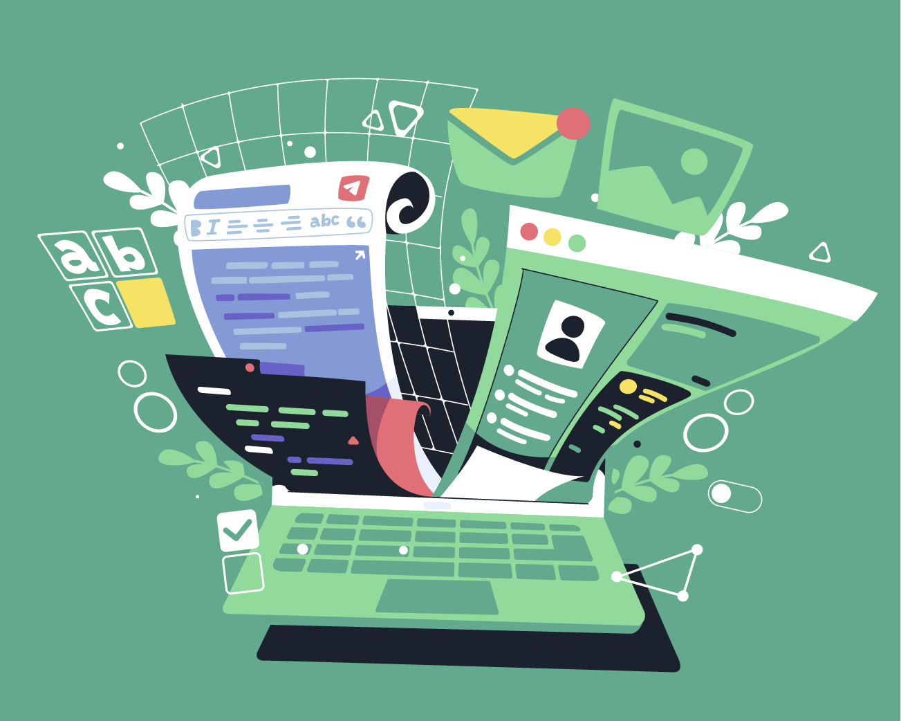 Illustration of a laptop displaying web design elements, code snippets, UI layouts, email icons, and digital content, representing web development, coding, and digital marketing concepts.