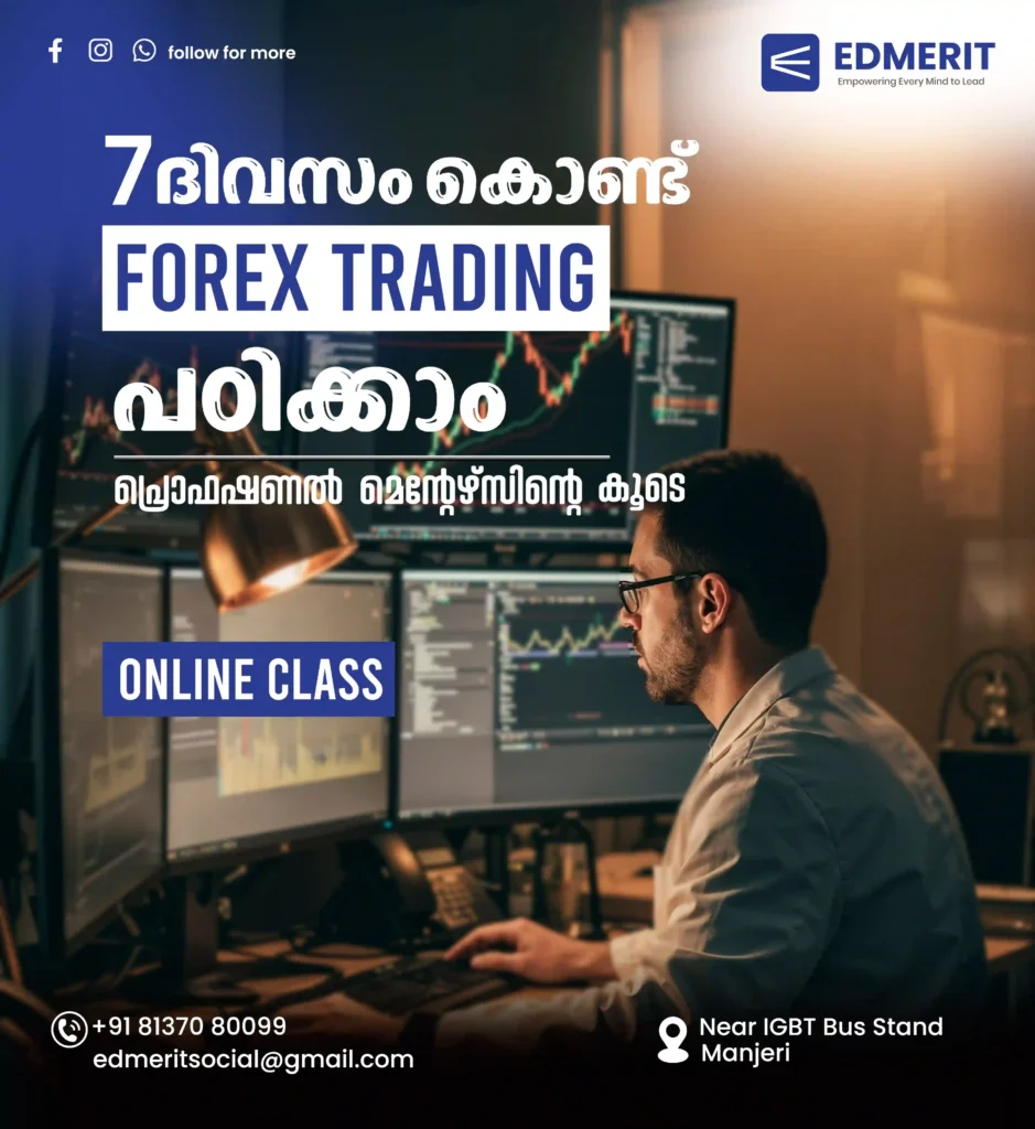 Digital marketing expert in Qatar forex trading online class poster showing trader analyzing market charts on multiple screens