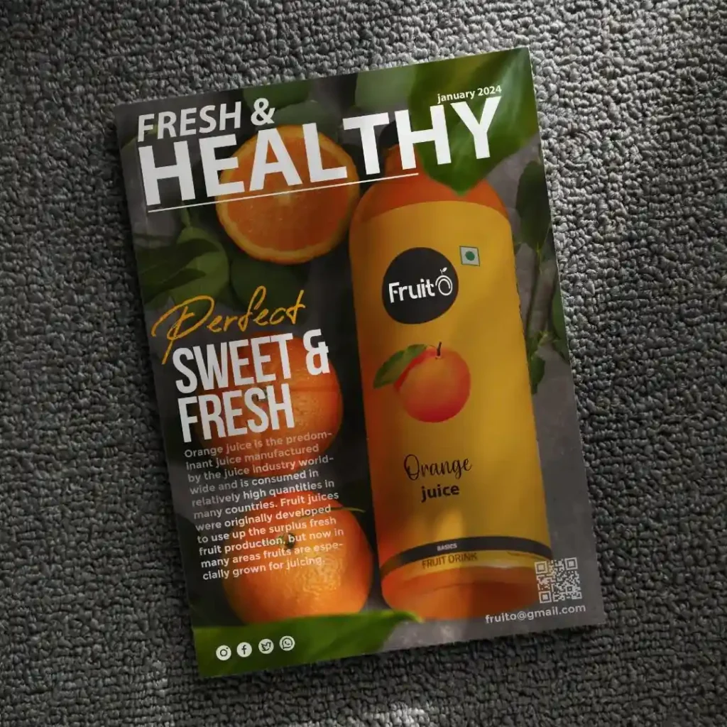 Creative juice advertisement poster showcasing a fresh orange drink bottle with vibrant fruit visuals, designed by a top-digital-marketing-expert-in-singapore to highlight healthy and refreshing branding