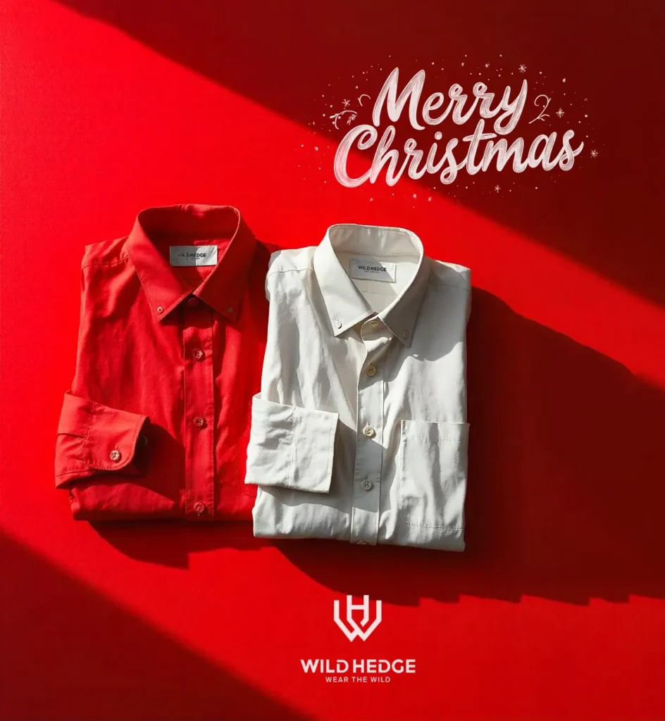 Digital marketing expert in Qatar holiday fashion advertisement featuring folded shirts and Merry Christmas text